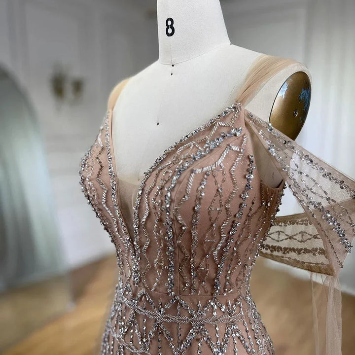 Serene Hill Customized 2025 Nude A-Line Midi Ankle Lengt Prom Dresses Glitter Beaded Evening Party Gowns for Women DLA71911