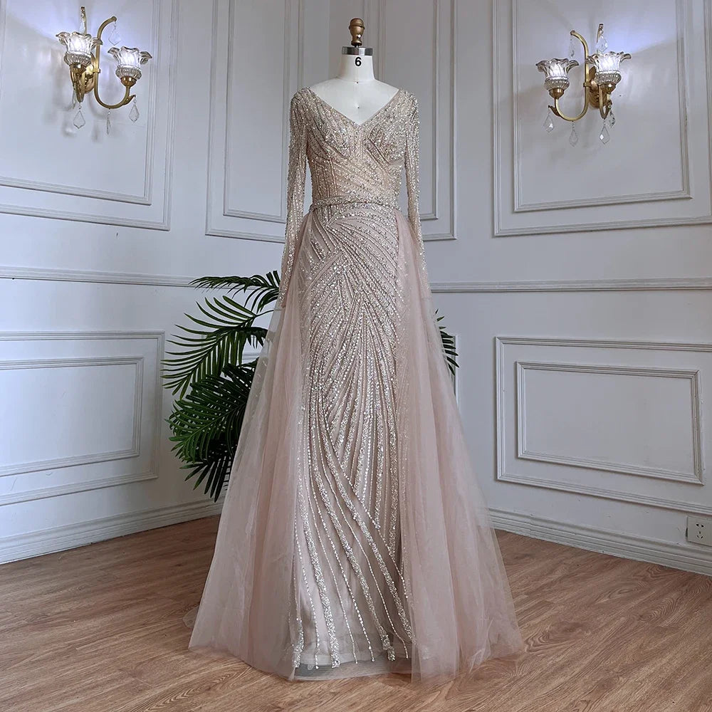Serene Hill Customized Blue Grey V-Neck Mermaid Beaded Overskirt Evening Dresses Elegant Party Gowns For Women DLA71750