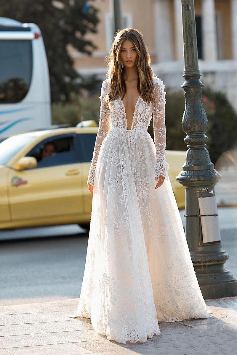 Sexy Deep V Neck Elegant 2027 Wedding Dresses Boho Backless 3D Flora Lace Appliques Beach Bridal Gown Custom Vestido De Novia