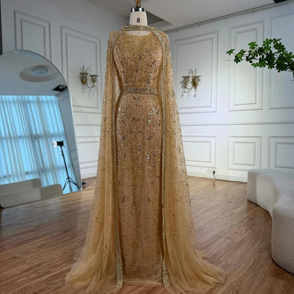 Zapdress Customized 2026 Gray Arabic Mermaid Beaded Evening Dresses With Detachable Long Cape For Formal Occasion (ZD17340)