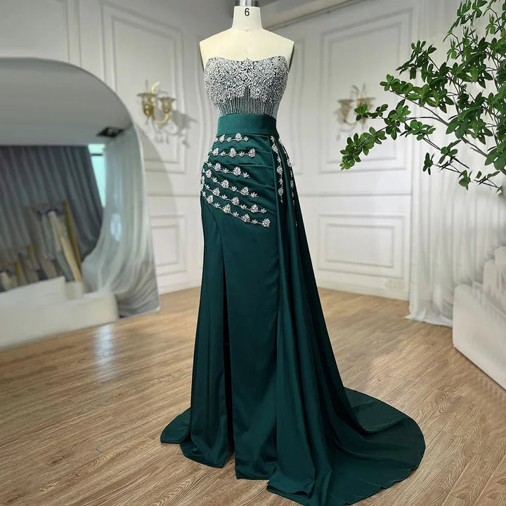 Serene Hill Customized Nude Strapless Mermaid High Split Evening Dresses with Skirt Beaded Party Gowns For Women 2025 DLA72135