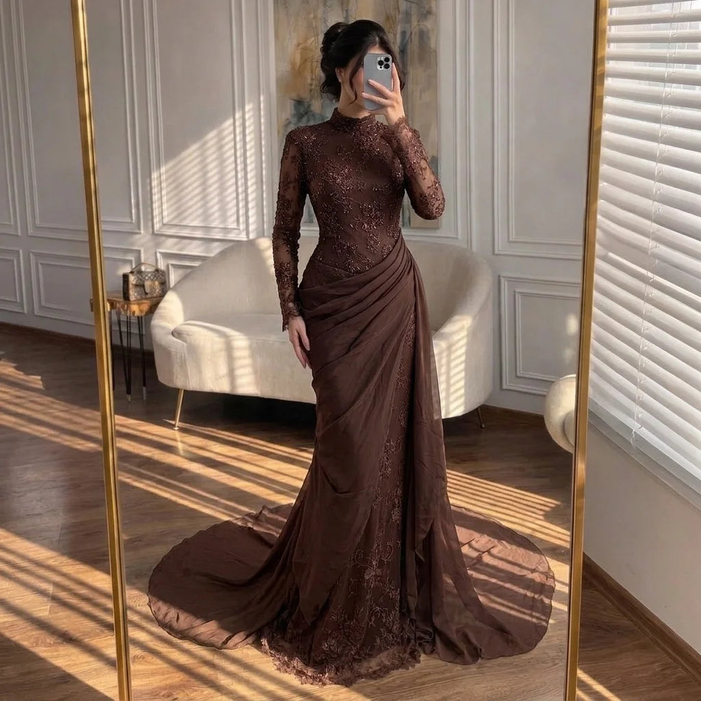 Serene Hill Customized Wine Red Mermaid Evening Dresses with Wrap Skirt High-End Lace Formal Party Gowns for Women DLA73407