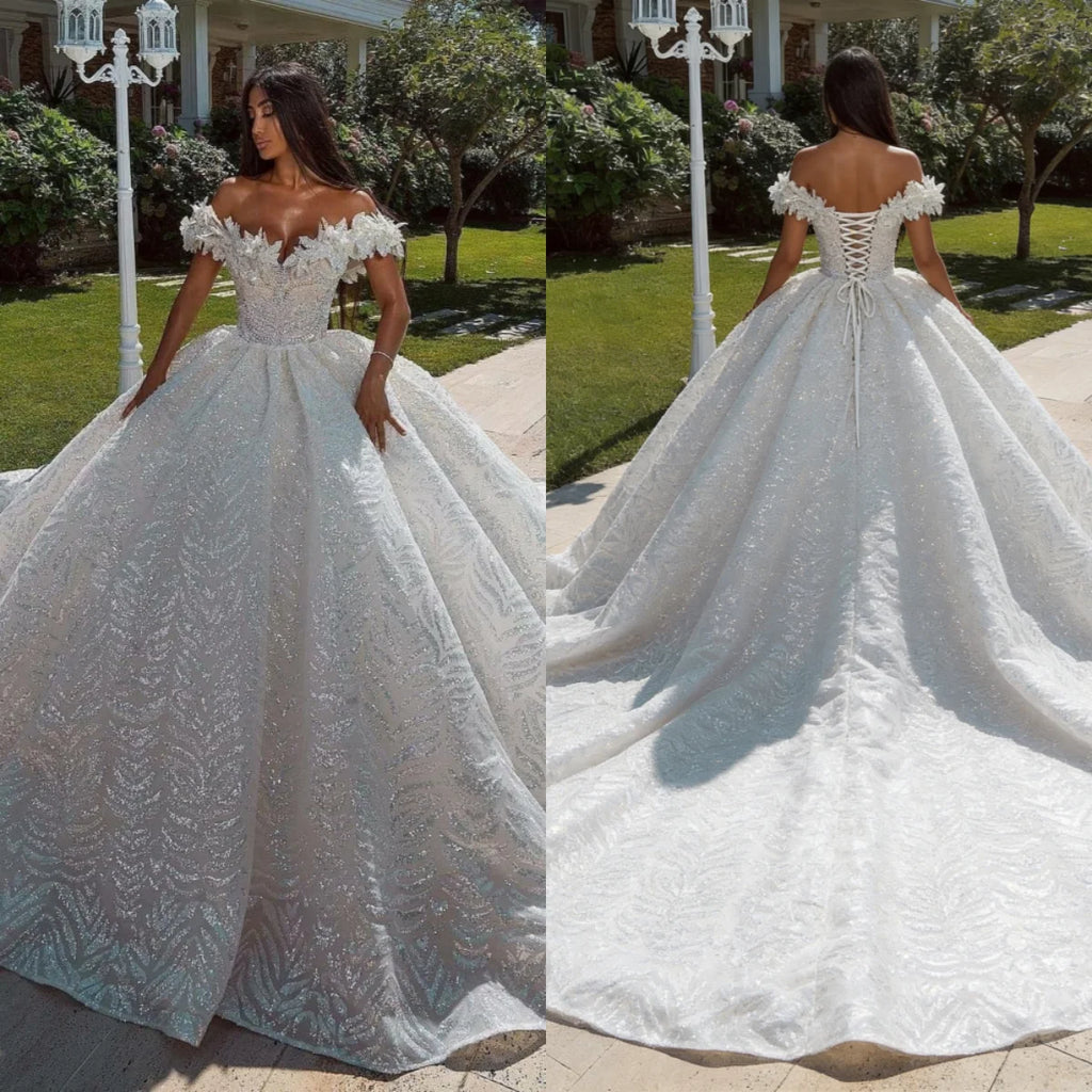 Custom 2026 Luxury Off Shoulder Ball Gown Wedding Dress Elegant 3D Floral Glitter Bridal Gown Plus Size Vestido De Novia