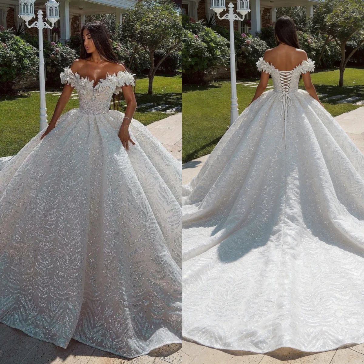 Custom 2026 Luxury Off Shoulder Ball Gown Wedding Dress Elegant 3D Floral Glitter Bridal Gown Plus Size Vestido De Novia