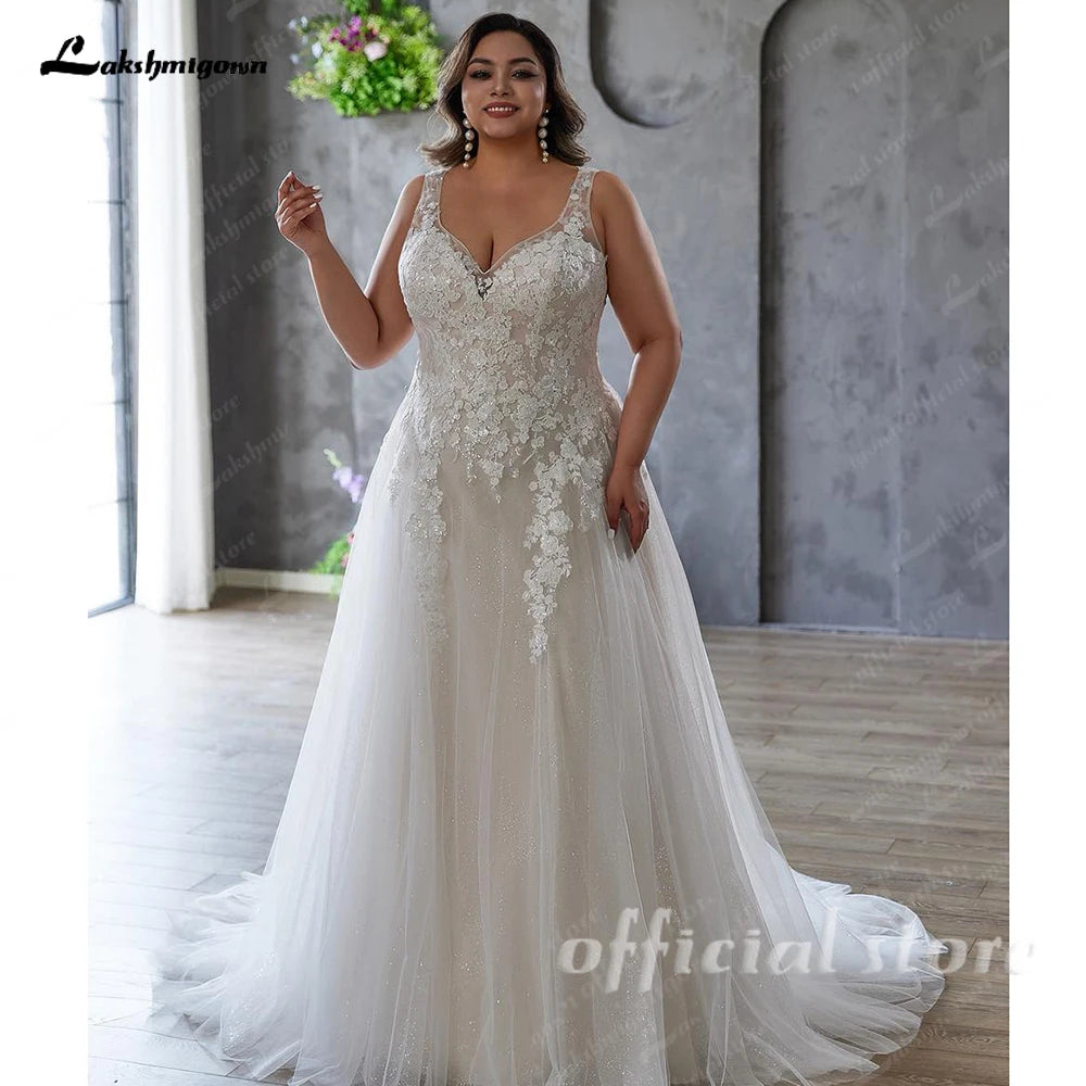 ZapDress Plus Size V-neck Wedding Dresses For Woman Bride Illusion Back A-line Tulle Appliques Bridal Gown Customized