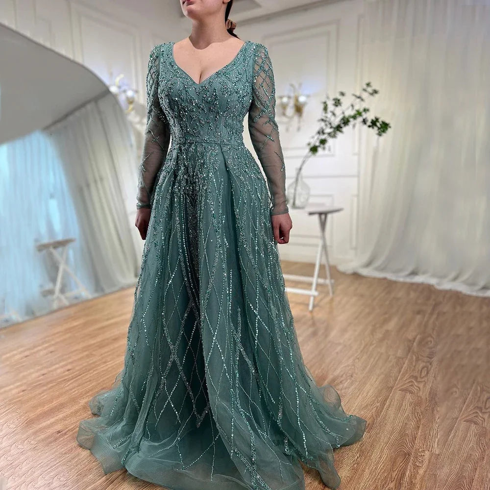 Serene Hill Lilac V-neck A-line Long Sleeves Luxury Beaded Evening Dresses Party Gowns for Women Customized DLA71793