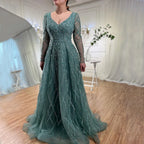 Serene Hill Lilac V-neck A-line Long Sleeves Luxury Beaded Evening Dresses Party Gowns for Women Customized DLA71793