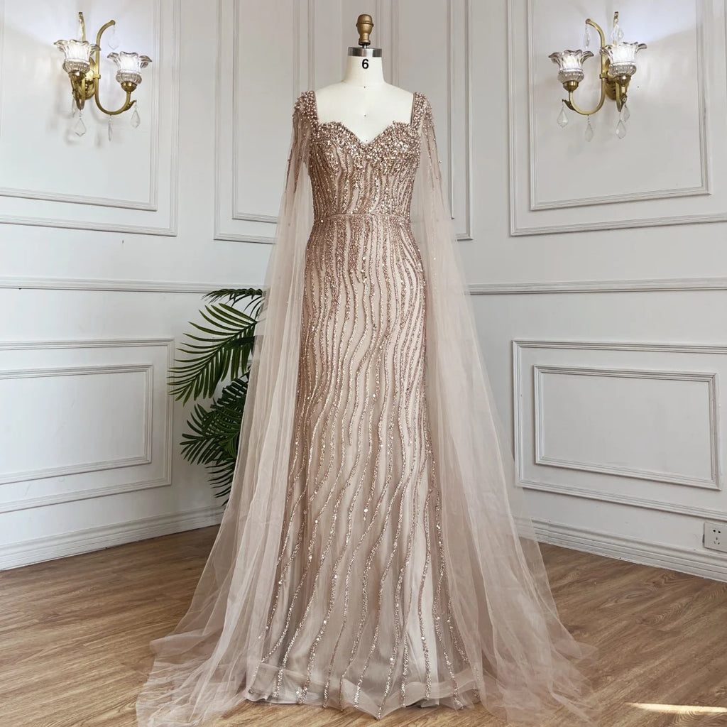 Serene Hill Blue Mermaid Beaded Evening Dresses with Cape Sleeves Wedding Party Gowns for Women DLA71715 Customized