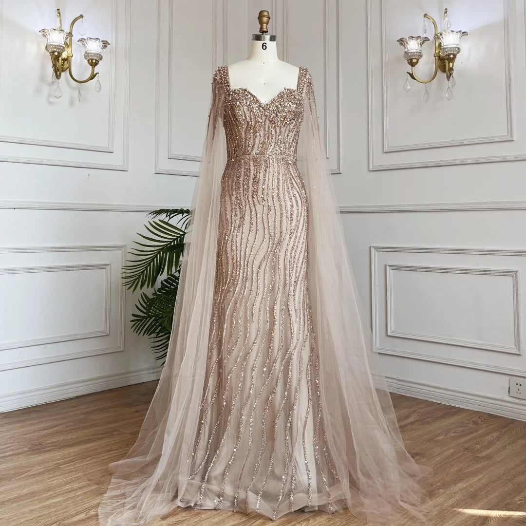 Serene Hill Blue Mermaid Beaded Evening Dresses with Cape Sleeves Wedding Party Gowns for Women DLA71715 Customized