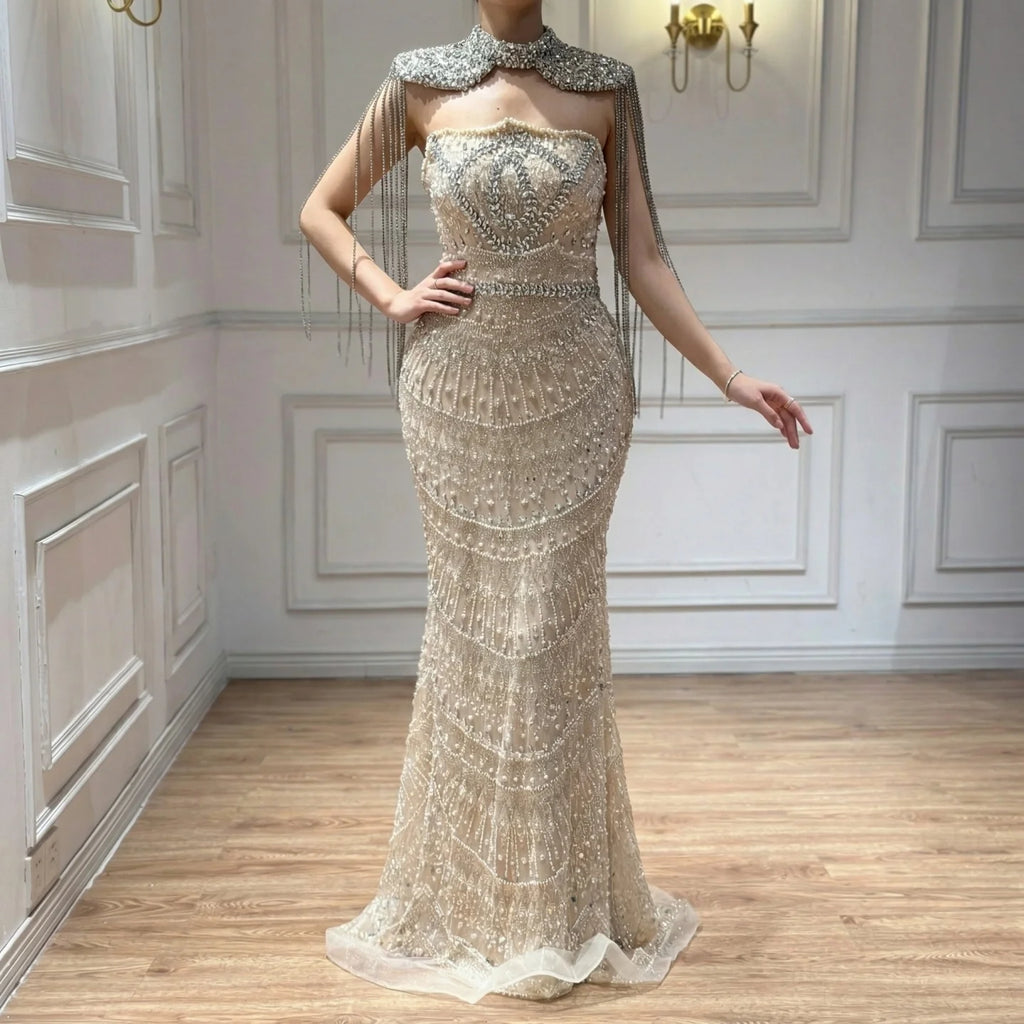 Zapdress Luxury Beaded Mermaid Evening Dress Elegant Crystal Tassel Cape Celebrity Party Gown Vestidos Customized DLA73450A (ZD17347)