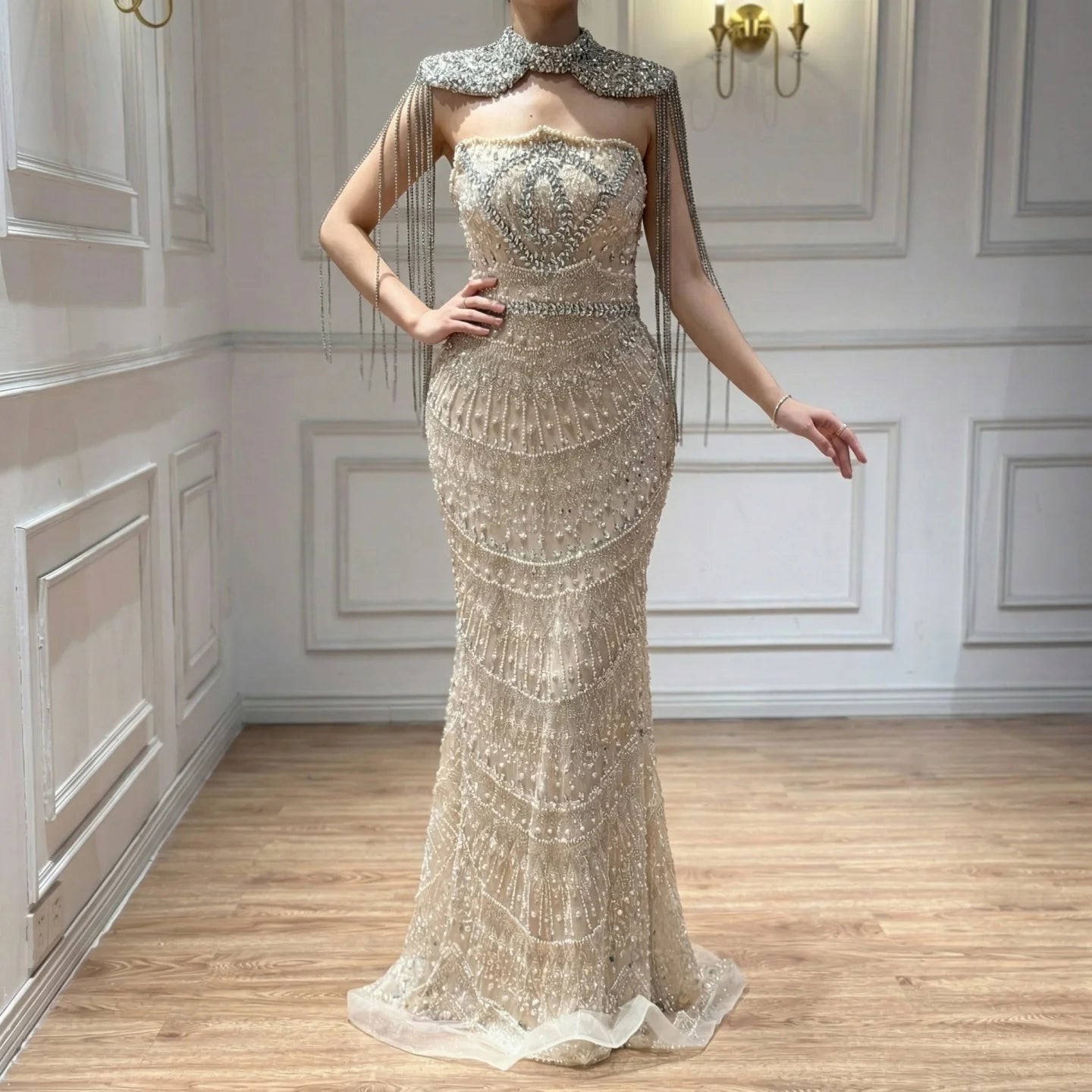 Zapdress Luxury Beaded Mermaid Evening Dress Elegant Crystal Tassel Cape Celebrity Party Gown Vestidos Customized DLA73450A (ZD17347)