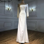 Serene Hill Customized White Satin Long Sleeve Mermaid Simple Beaded Evening Dress Party Gowns For Women Bridal Shower DLA71152
