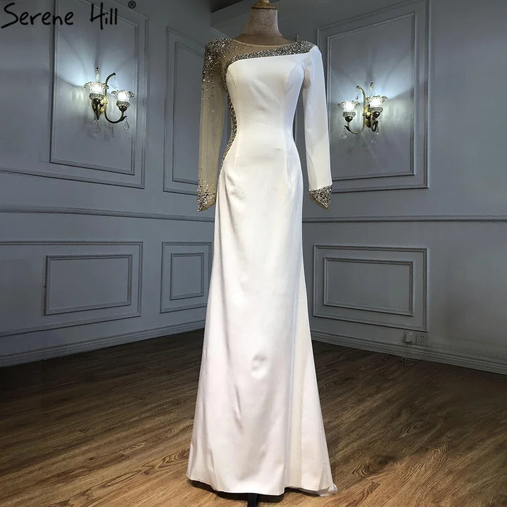 Serene Hill Customized White Satin Long Sleeve Mermaid Simple Beaded Evening Dress Party Gowns For Women Bridal Shower DLA71152