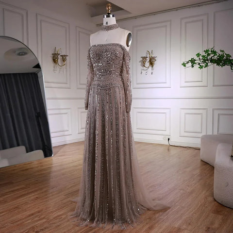 Luxury Caramel Off Shoulder Beaded Mermaid Evening Dress Long Sleeves LA73053