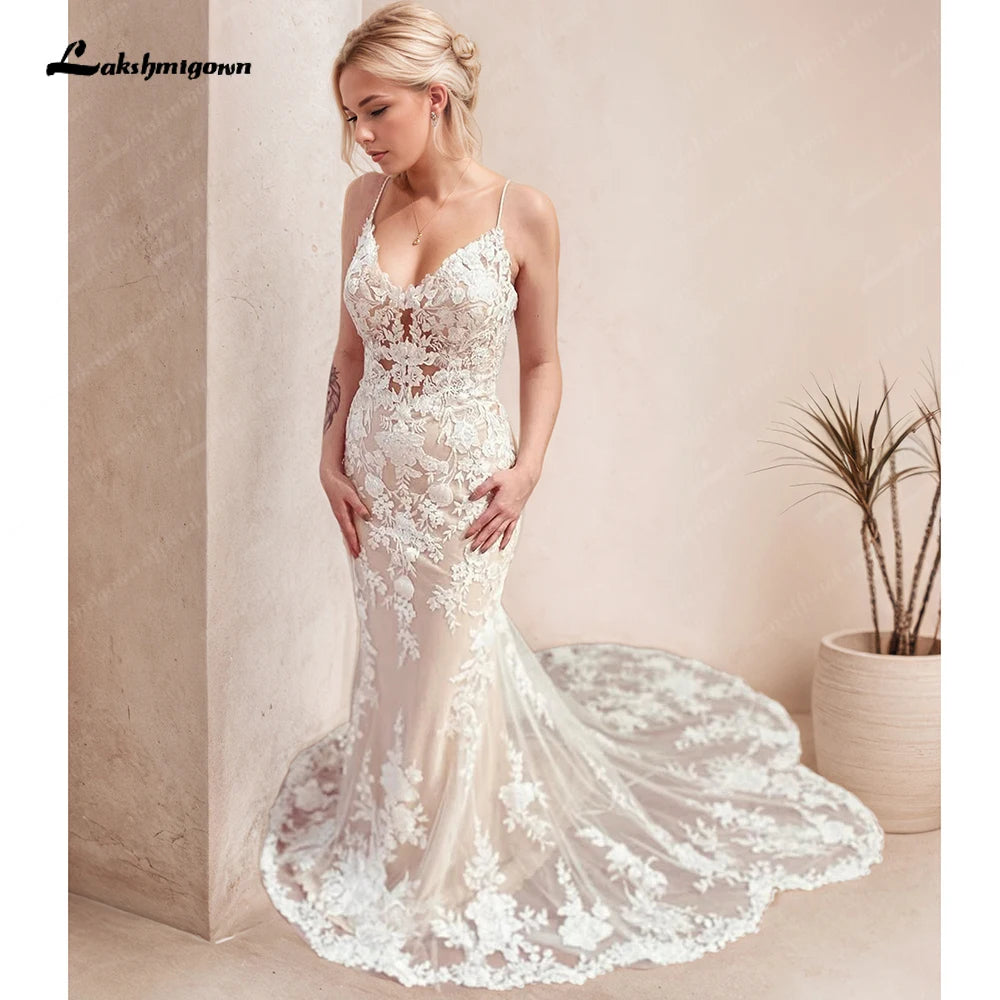 Sexy Spaghetti Straps Mermaid Wedding Dresses Champagne Bride Dress Lace Vestido De Noiva Sereia Wedding Gowns
