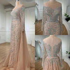 Zapdress Nude Mermaid Long Sleeve Evening Dress with Overskirt Luxury Beaded Wedding Party Gown for Women Customized (ZD17389)