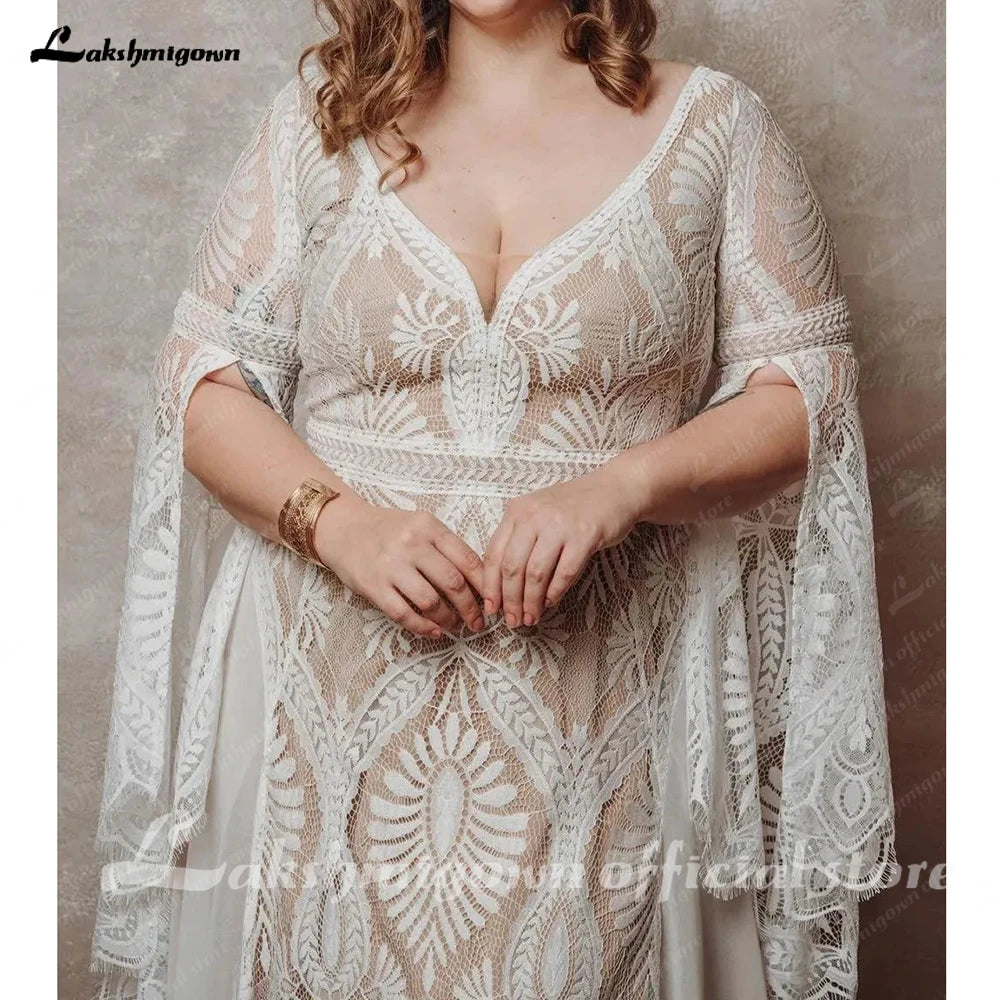 ZapDress Bohemian Boho Wedding Dress Lace Chiffon Long Sleeve Open Back V Neck Plus Size Vestidos De Novia Customized