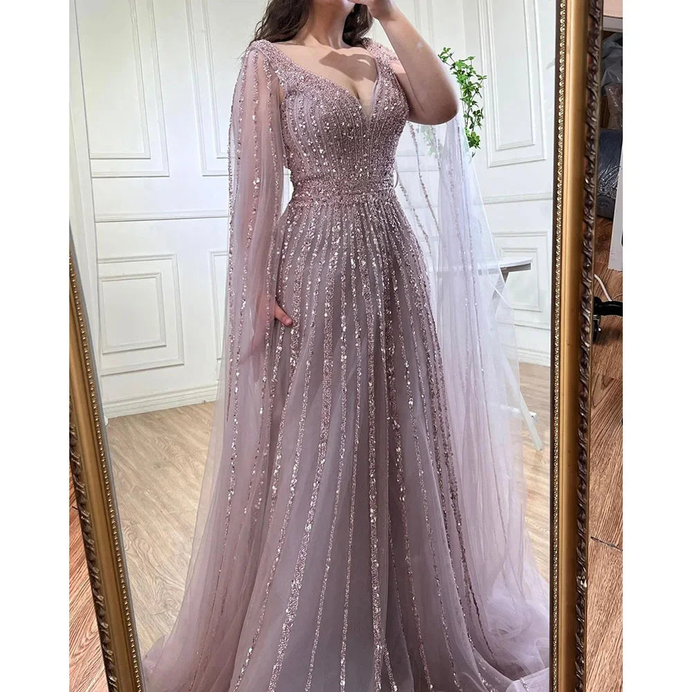 Zapdress Customized Pink A-Line Cape Sleeves Luxury Beaded Evening Dresses Party Gowns 2025 For Women Wedding (ZD17346)