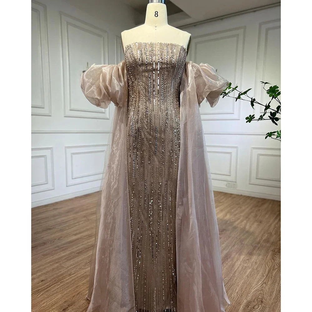 Zapdress Customized Blue Mermaid Puff Sleeves Beaded Evening Dresses Dubai Elegant Party Gowns For Women 2024 (ZD17343)