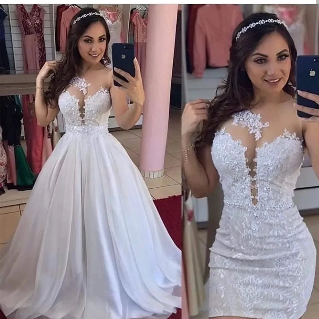 Two Pieces Detachable Train Wedding Dresses Sheath Illusion Lace 2 in 1 Bridal Gowns Vestidos de noiva by payinti