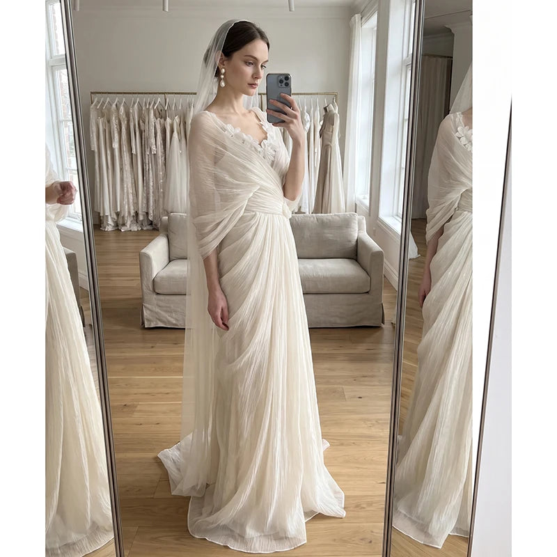 Grecian Boho Wedding Dress V‑Neck Batwing Sleeve Draped Ruched A‑Line Bridal Gown Sweep Train For Outdoor Garden Wedding