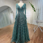 Zapdress Customized Turquoise Muslim Long Sleeve A Line V-Neck Evening Dresses Beaded Party Gowns For Women 2025 (ZD17333)