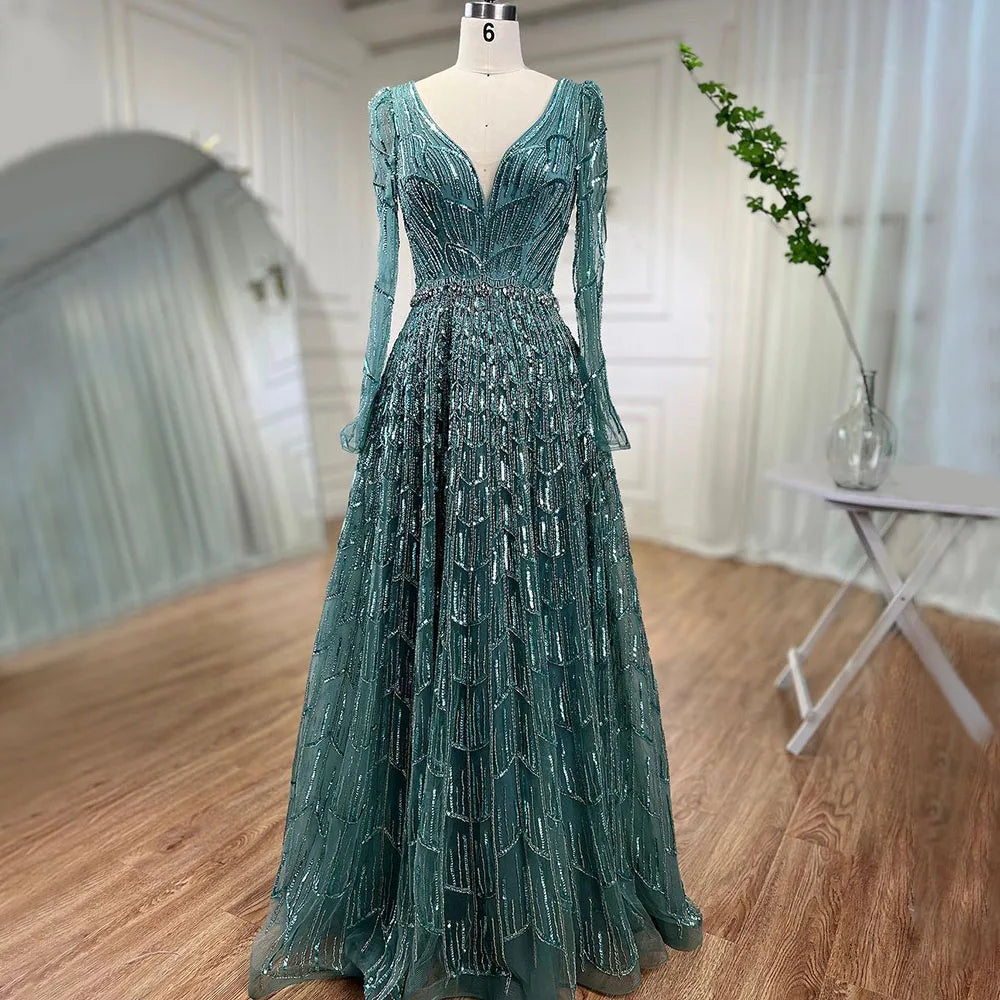 Zapdress Customized Turquoise Muslim Long Sleeve A Line V-Neck Evening Dresses Beaded Party Gowns For Women 2025 (ZD17333)