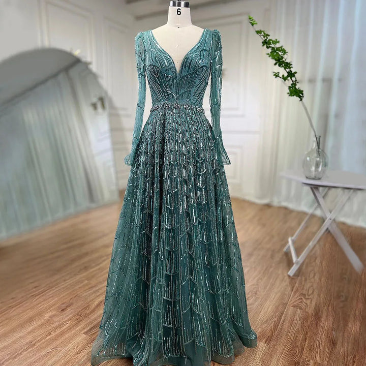 Serene Hill Customized Turquoise Muslim Long Sleeve A Line V-Neck Evening Dresses Beaded Party Gowns For Women 2025 DLA71940