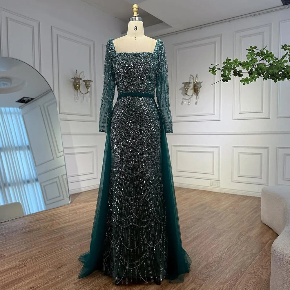 Zapdress Green Square Collar Long Sleeve Mermaid Pearls Beaded Evening Party Gown Overskirt Dress DLA72032N Customized (ZD17342)