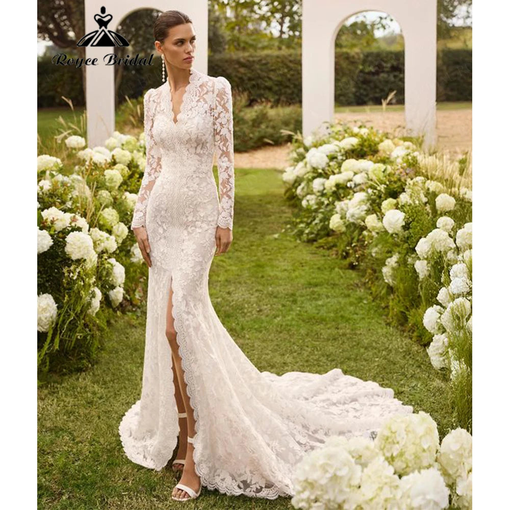 RoyceBridal Long Sleeve Floral Lace Mermaid Wedding Dress V Neck Front Slit Full Lace Back Chapel Train Bridal Gown Customized