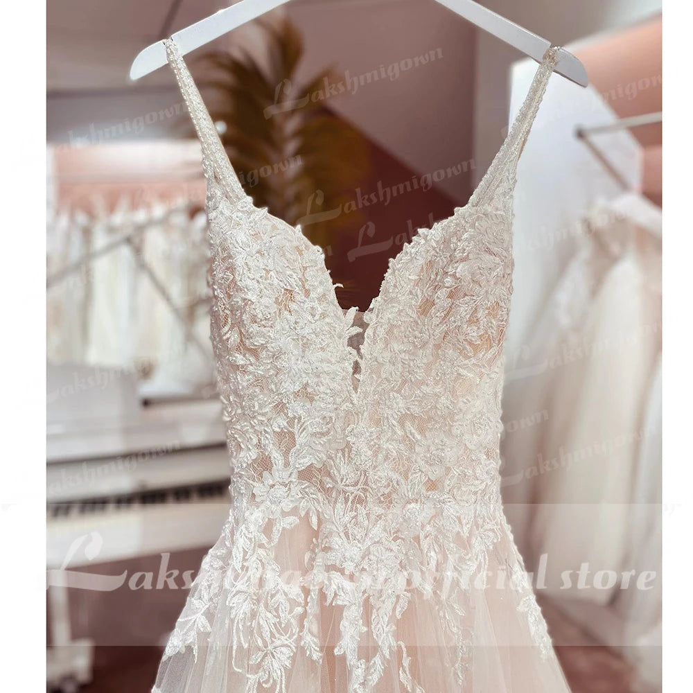 ZapDress Sexy Beach Wedding Dresses Illusion Appliques Boho Bride Dresses Open Back A-Line Tulle Bridal Gowns Robe De Mariee