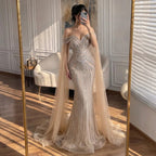 Serene Hill Dusty Blue Off-Shoulder Evening Dress Heavy Beaded Mermaid Party Gown with Elegant Cape Sleeves Customized DLA73151