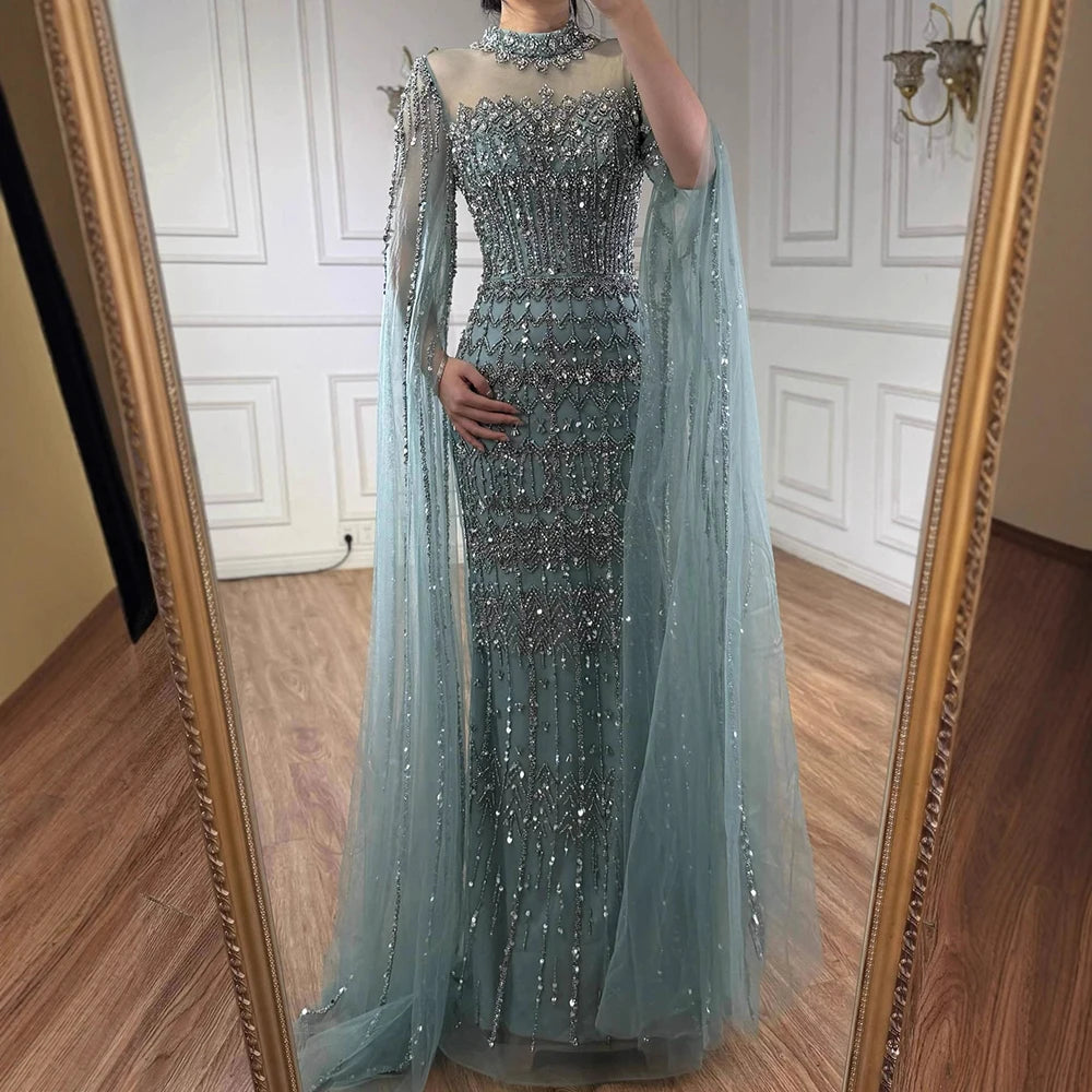 Serene Hill Dubai Blue Beaded Evening Dress with Cape Sleeves 2025 Formal Party Gowns for Women DLA72714A Customized