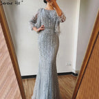 Serene Hill Customized Pink Mermaid Long Sleeves Two Piece Evening Dresses with Jacket Beaded Party Gowns For Women DLA70503