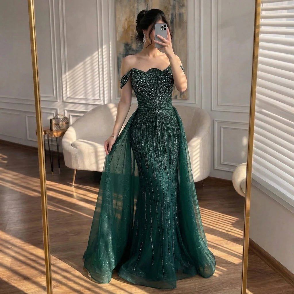 Serene Hill Green Mermaid Beaded Evening Party Gown 2026 Elegant Off-Shoulder Runway Dress with Overskirt Customized DLA73392