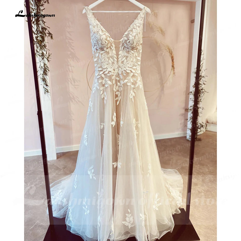 ZapDress V Neck Lace Appliques Wedding Dresses Customized Champagne Bridal Gowns A Line Wedding Gown Estido De Noiva Praiano