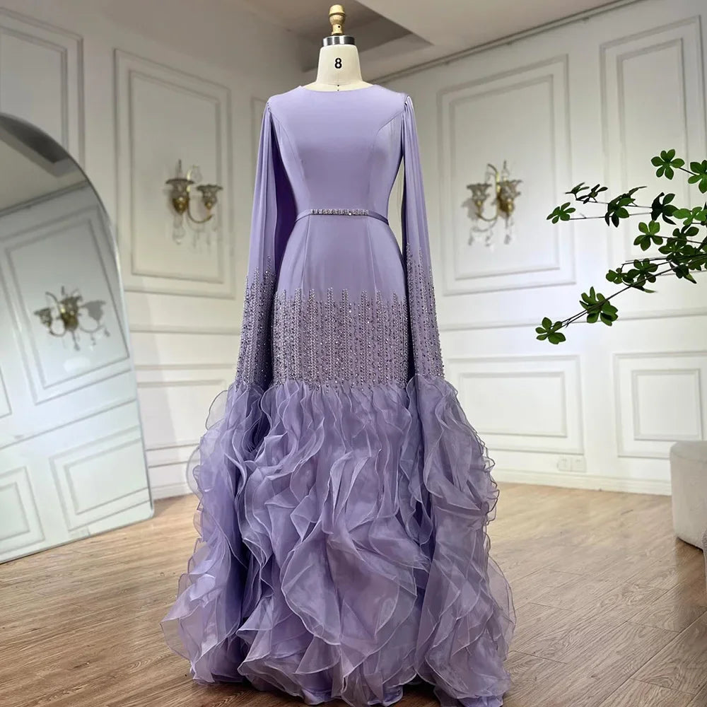Serene Hill 2025 Champagne Mermaid Luxury Cape Sleeves Beaded Satin Saudi Evening Dresses Gowns for Party DLA72317A Customized