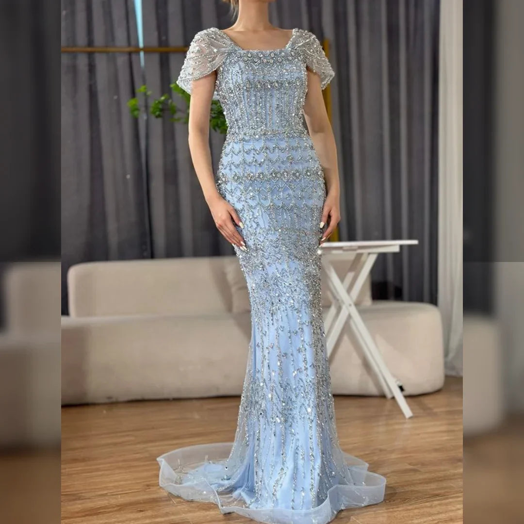 Zapdress Blue Mermaid Beaded Evening Dresses with Detachable Sleeves Elegant Party Gowns for Women DLA72714 Customized (ZD17361)