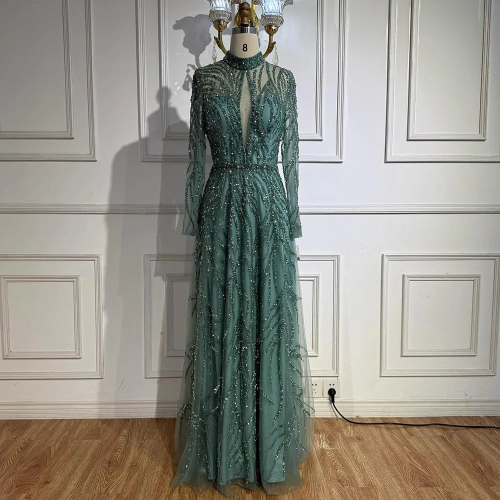 Zapdress Customized Elegant Turquoise A Line Evening Dress with High Neck Beaded Design for Women Formal Party Gown DLA71682A (ZD17384)