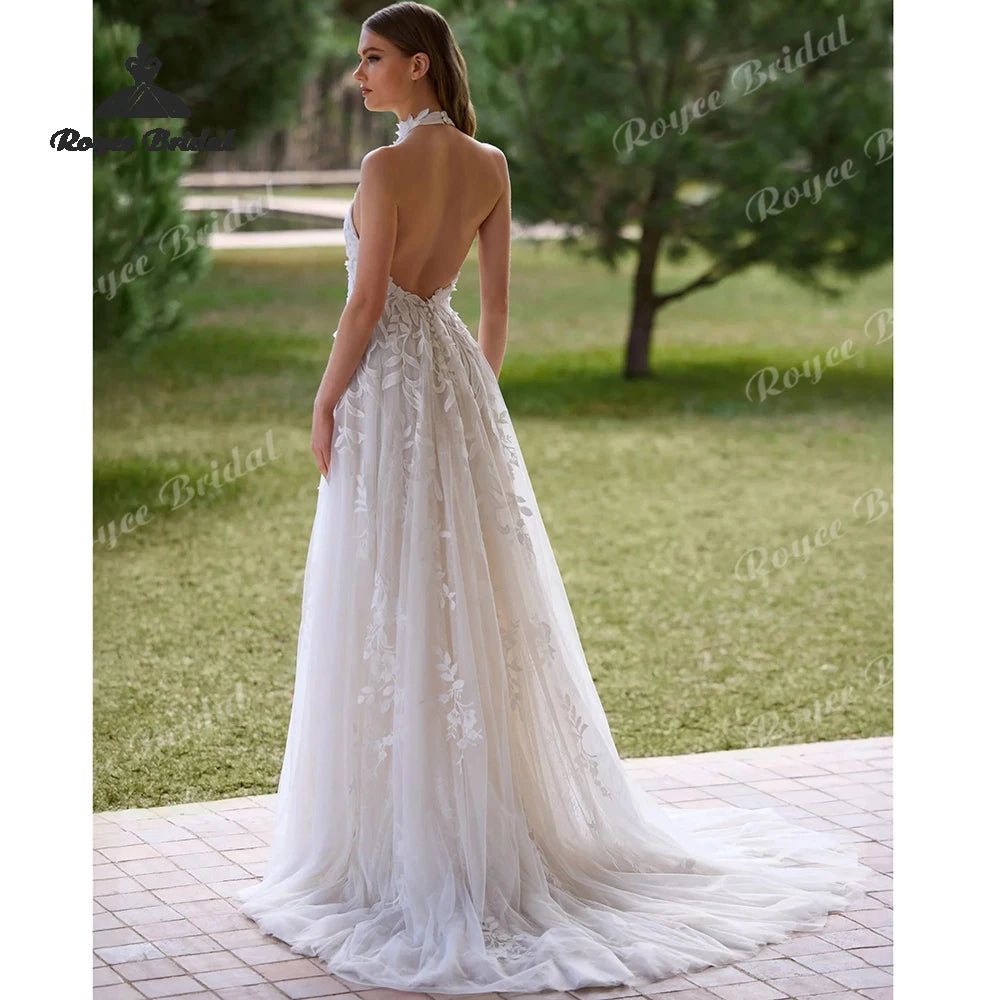 Elegant Flowers Lace Appliques A Line Wedding Dresses 2027 Halter Customized Beach Bridal Gown Custom Vestido De Novia