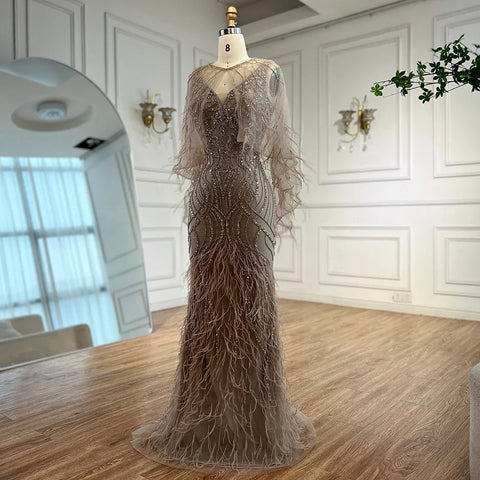 Luxury Caramel Feather Beaded Mermaid Evening Dress LA71866