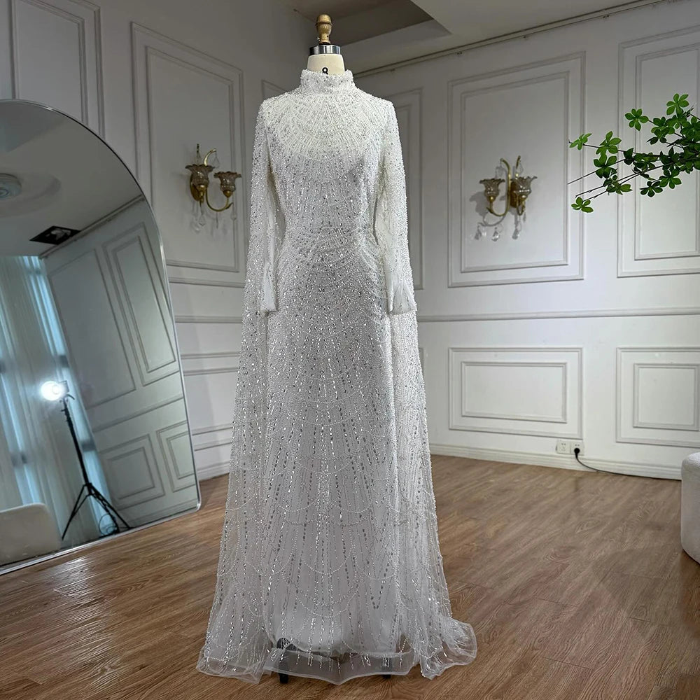 Serene Hill White High Neck Long Sleeve Mermaid Evening Dress 2026 Party Gowns for Women DLA72591 Customized