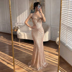Serene Hill Rose Gold Mermaid Beaded Evening Dress Elegant Sparkly Wedding Party Gown with Ruched Waist DLA73410B Customized