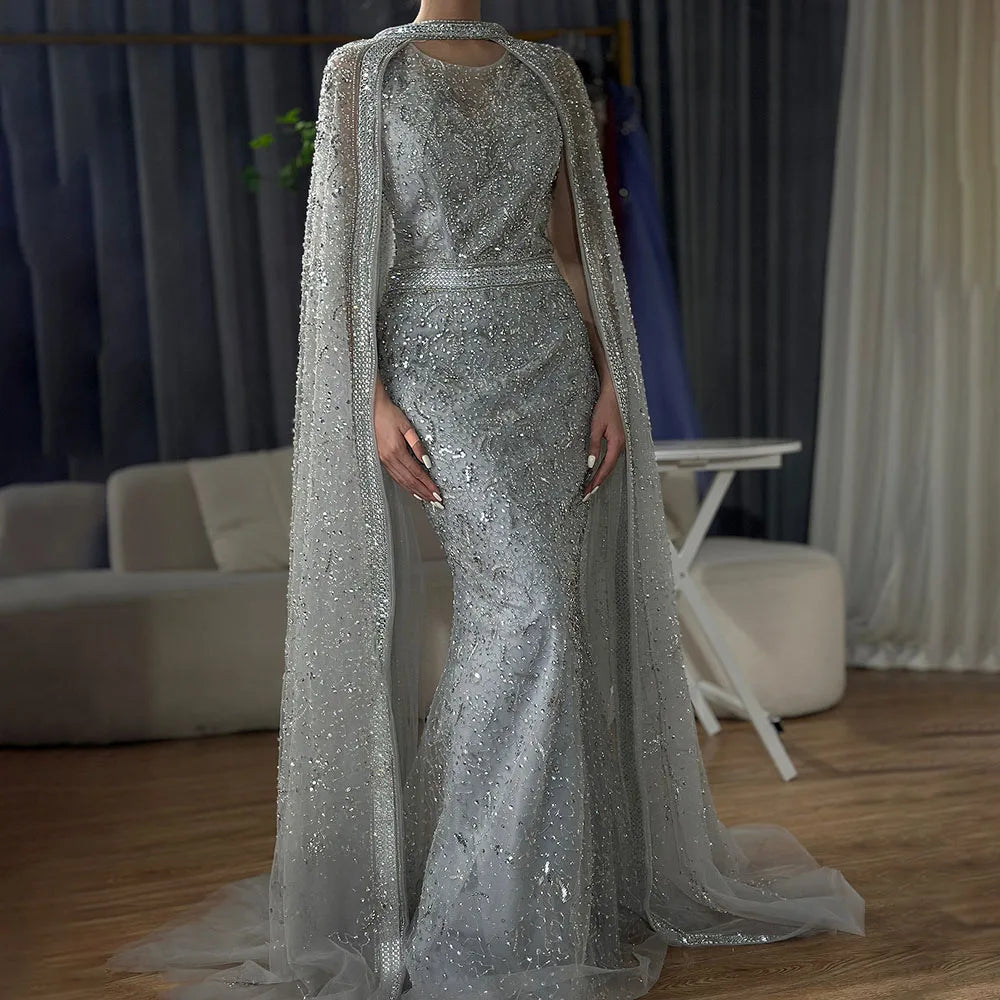 Zapdress Customized 2026 Gray Arabic Mermaid Beaded Evening Dresses With Detachable Long Cape For Formal Occasion (ZD17340)