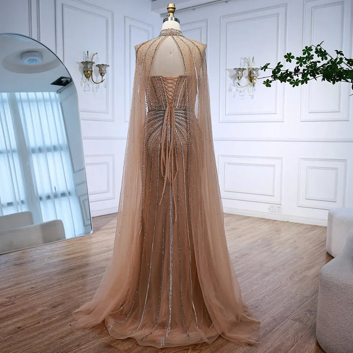 Luxury Nude Elegant Evening Gown Beaded Dress with Cape Sleeves for Formal Party Wear Zapdress DLA72811A Customized