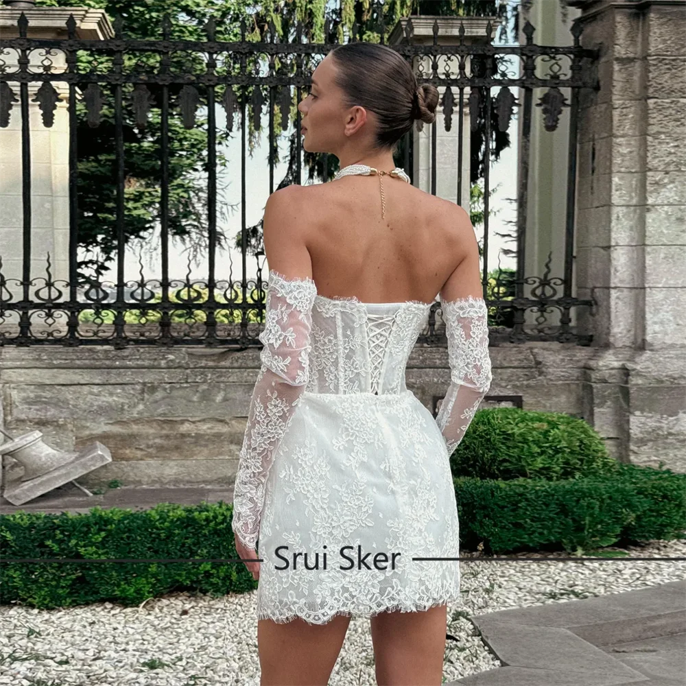 Glamorous A Line Wedding Dress Lace Strapless Removeable Sleeves Celebrate Bridal Gown Short Vestidos De Novia Customized