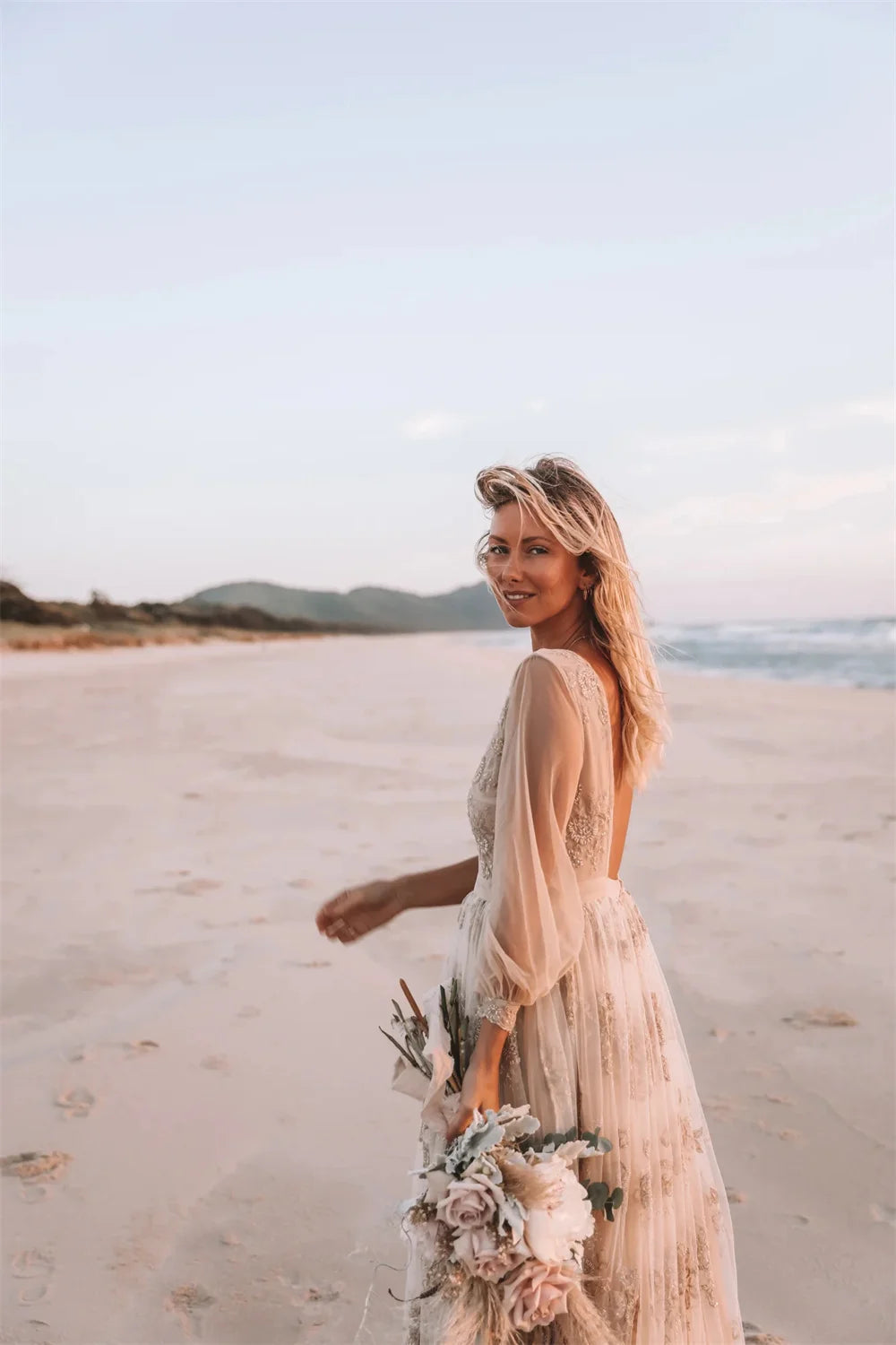 Customized Boho Lace Embroidered Long Sleeve Wedding Dress Deep V Neck and Flowy Lace Skirt for Beach Bridal Dress