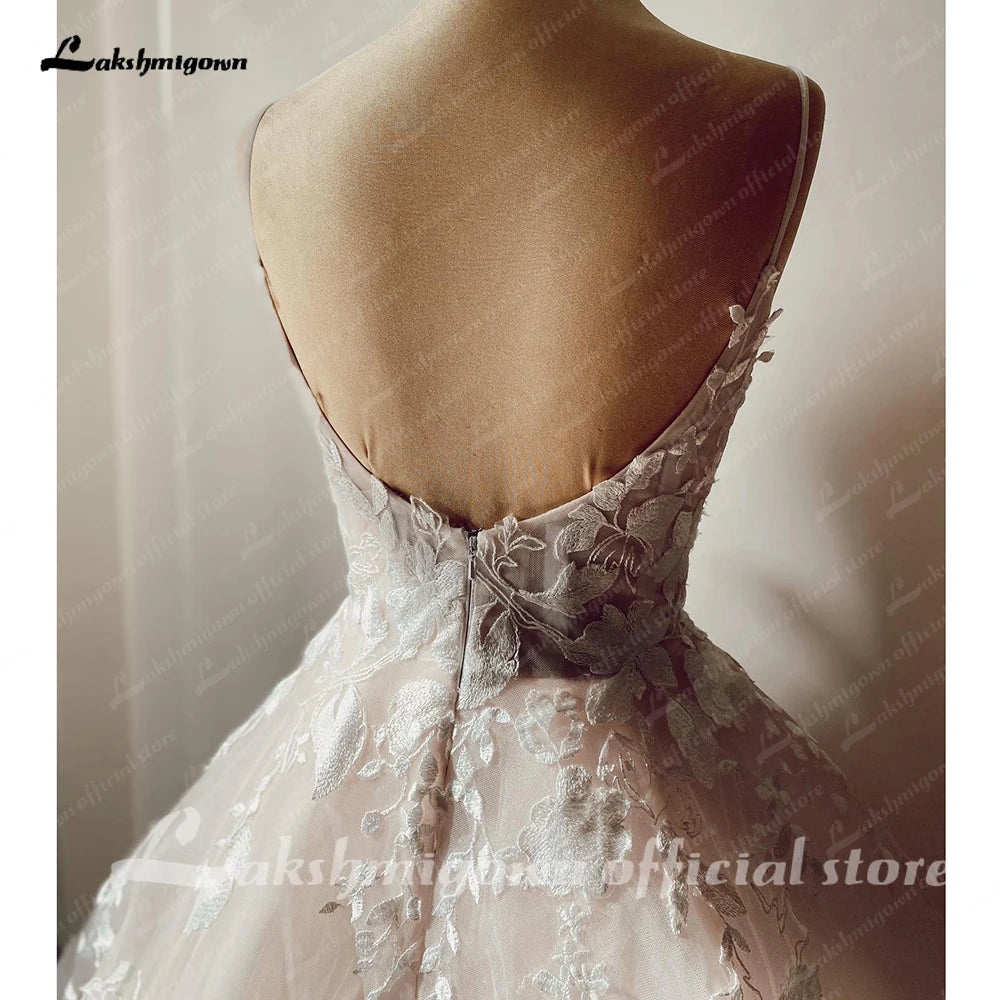 ZapDress Luxury Spaghetti Straps Lace Women Sweetheart Neck Wedding Dress for Bride Champagne Wedding Gown Vestidos Para Boda