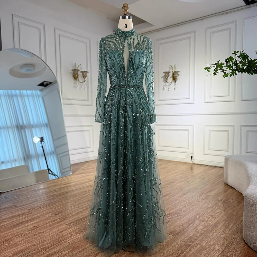 Zapdress Customized Elegant Turquoise A Line Evening Dress with High Neck Beaded Design for Women Formal Party Gown DLA71682A (ZD17384)