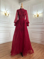 Serene Hill Customized Wine Red Long Sleeves Overskirt Evening Dresses 2024 Muslim Party Gowns For Women Plus Size DLA71248